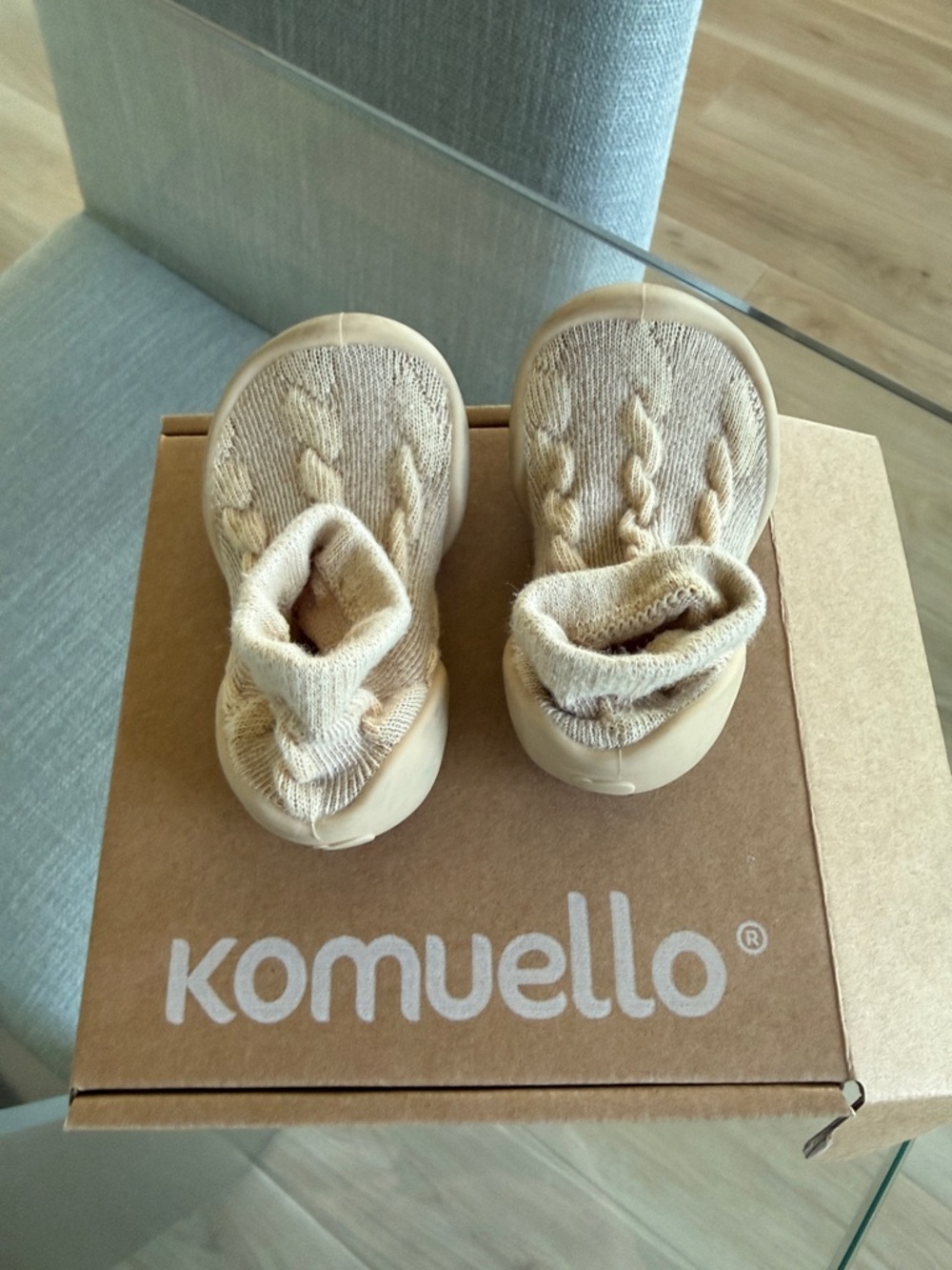Komuello Beige Knit Baby Walker Shoes - Soft Cable Knit Booties